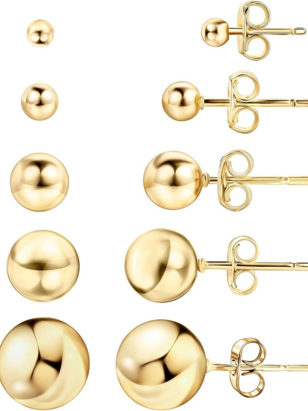 18K Gold Plated Ball Stud Earrings Set, 5 Pack, 3-10MM, High Polish Finish